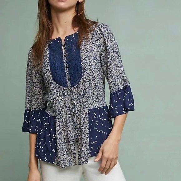 ANTHROPOLOGIE Maeve NAVY BLUE HIVER LACE BIB BLOUSE Size 6 - Picture 1 of 9